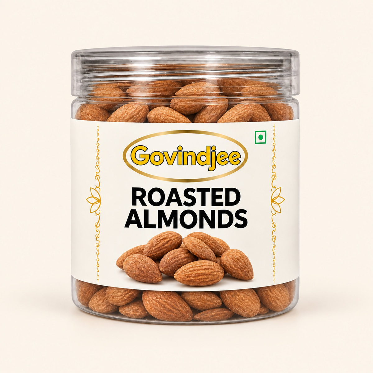 GovindJee Roasted Almonds packaging on off-white background