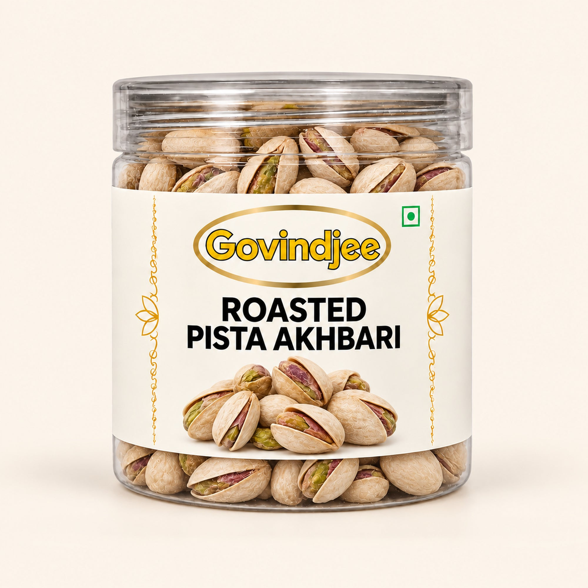 GovindJee Roasted Pista Akhbari packaging on off-white background