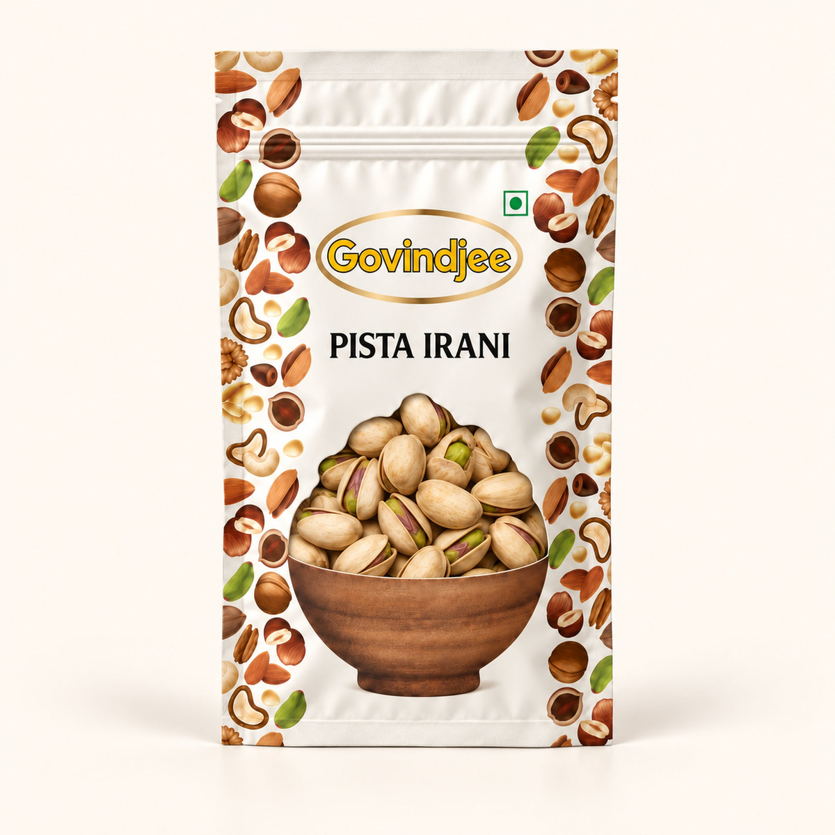 GovindJee Pista Irani packaging on off-white background