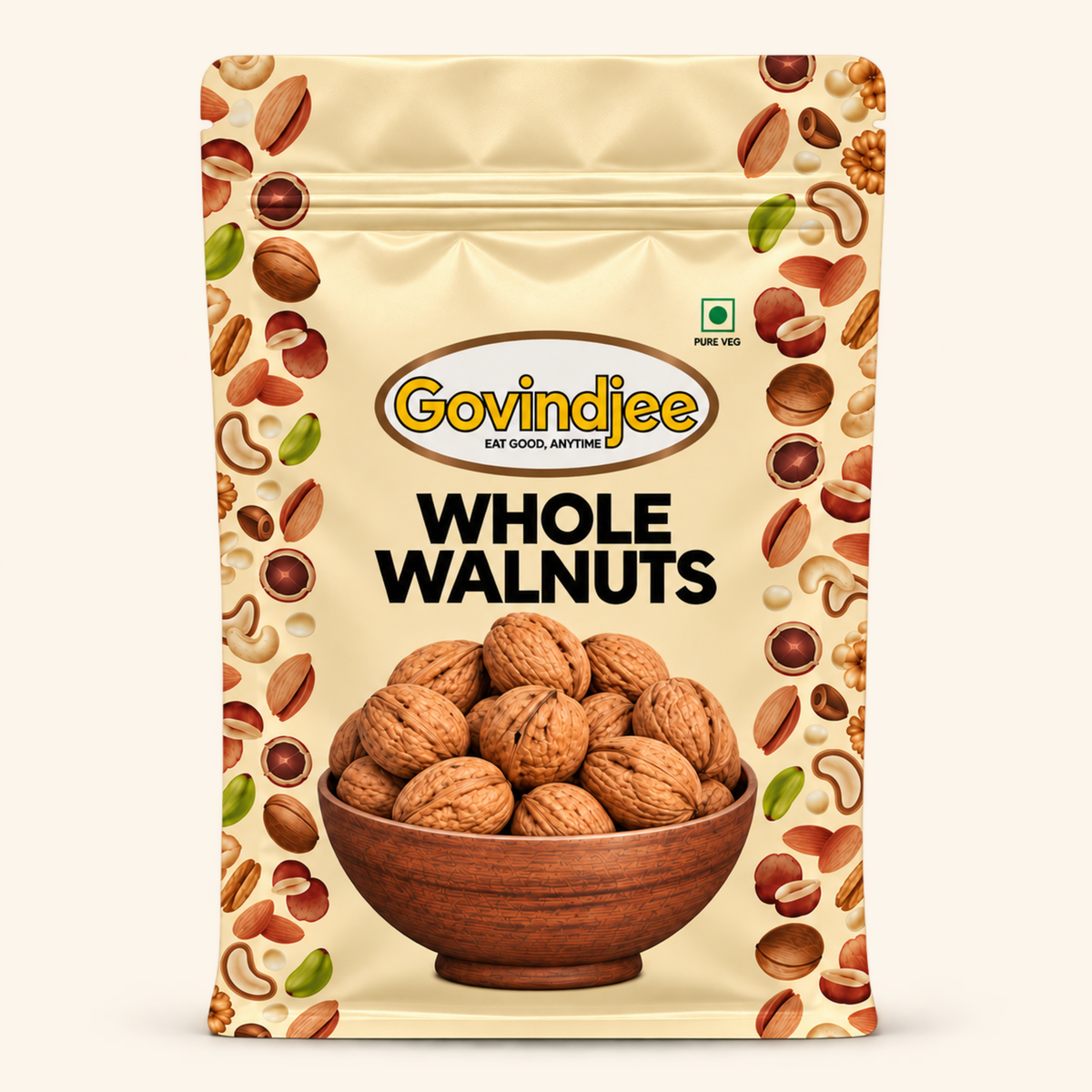 GovindJee Whole Walnuts in a yellow flat-bottom pouch, front view on cream background