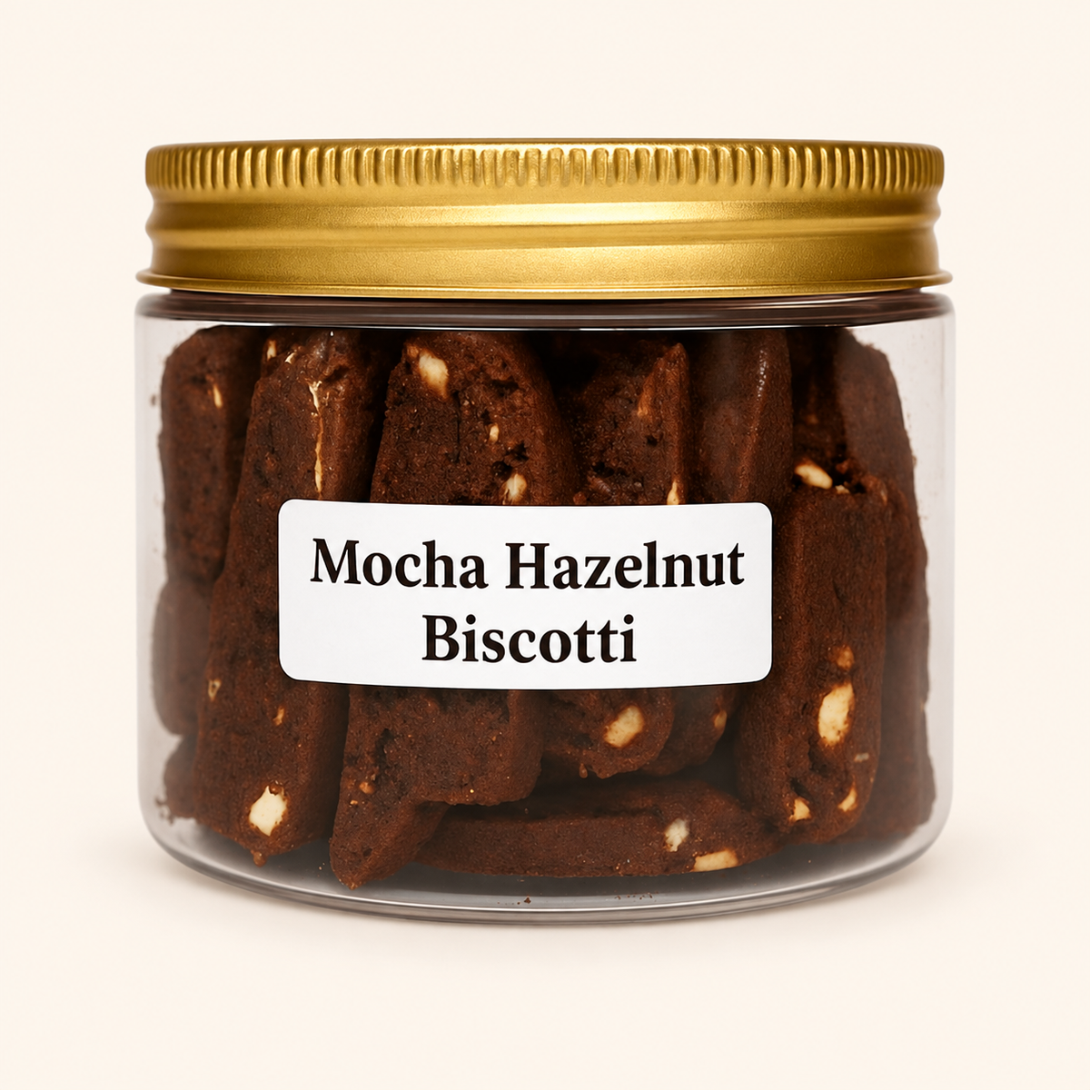 Mocha Hazelnut Biscotti original packaging on an off-white background