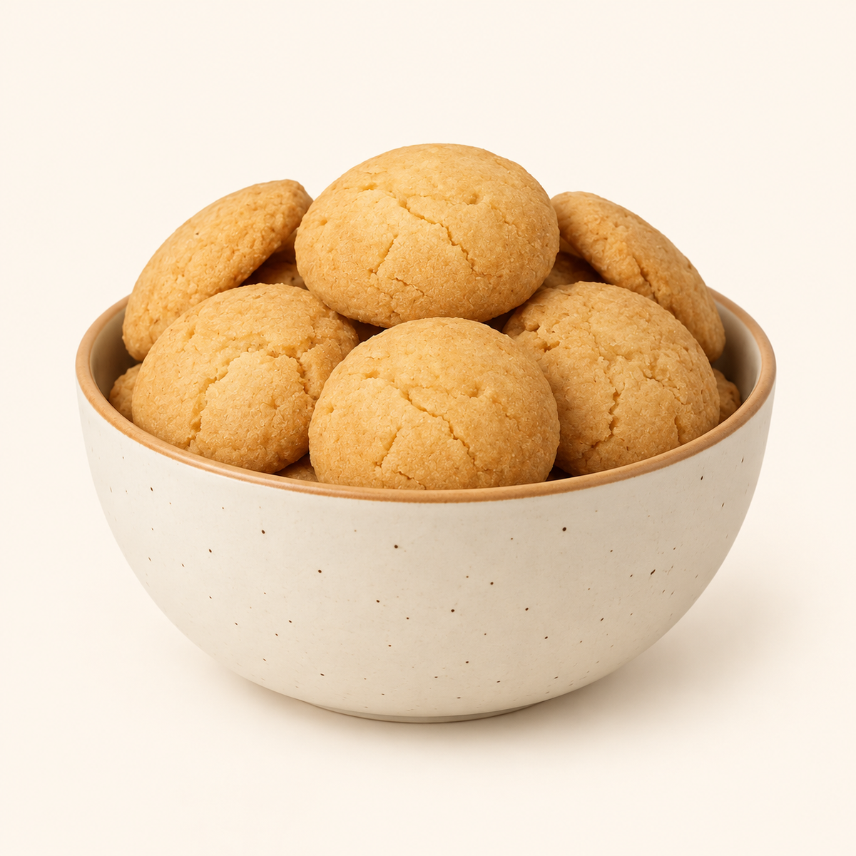 Nankhatai Cookies in an ivory bowl on an off-white background