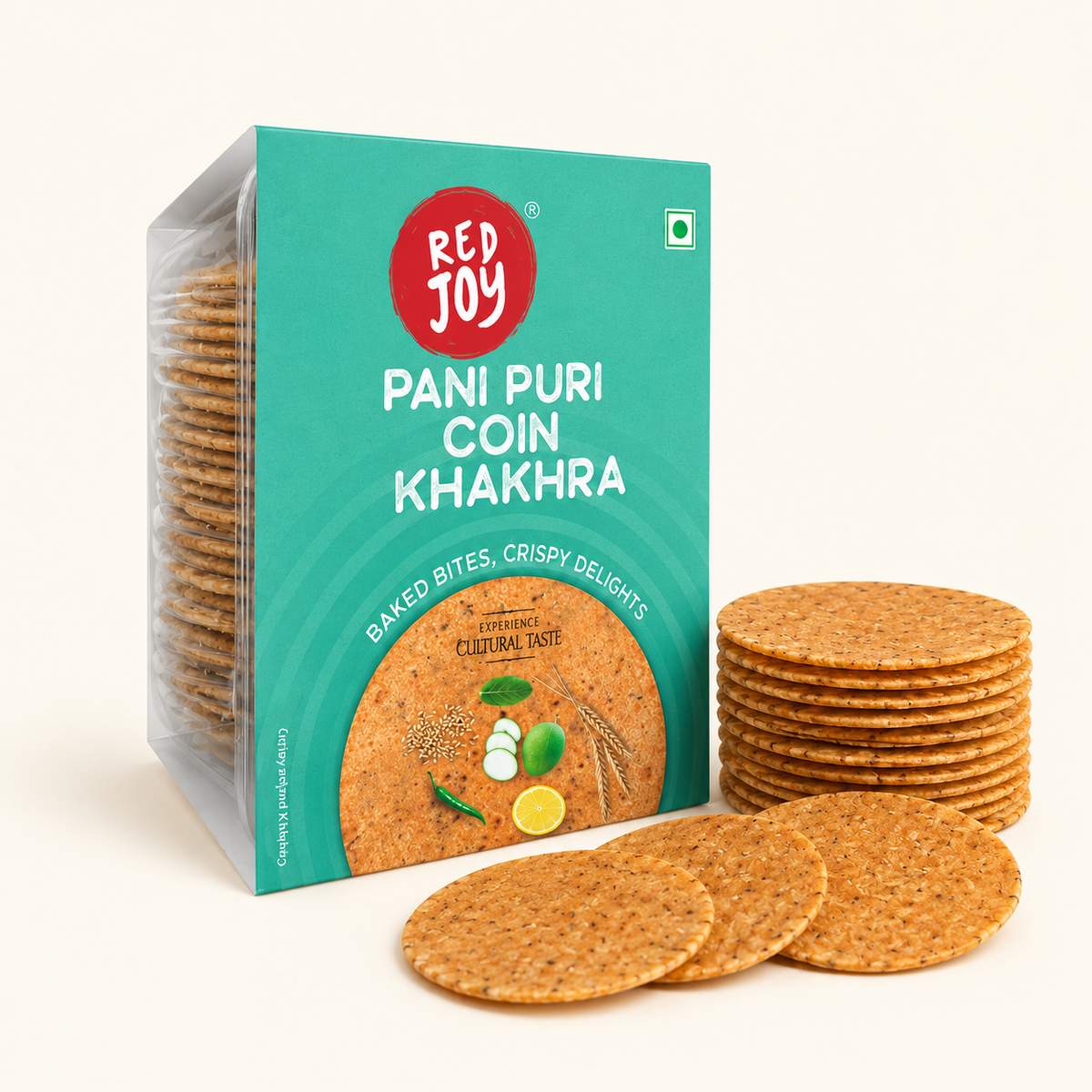 Red Joy Pani Puri Coin Khakhra box with a stack of khakhra and three overlapping pieces on a cream background