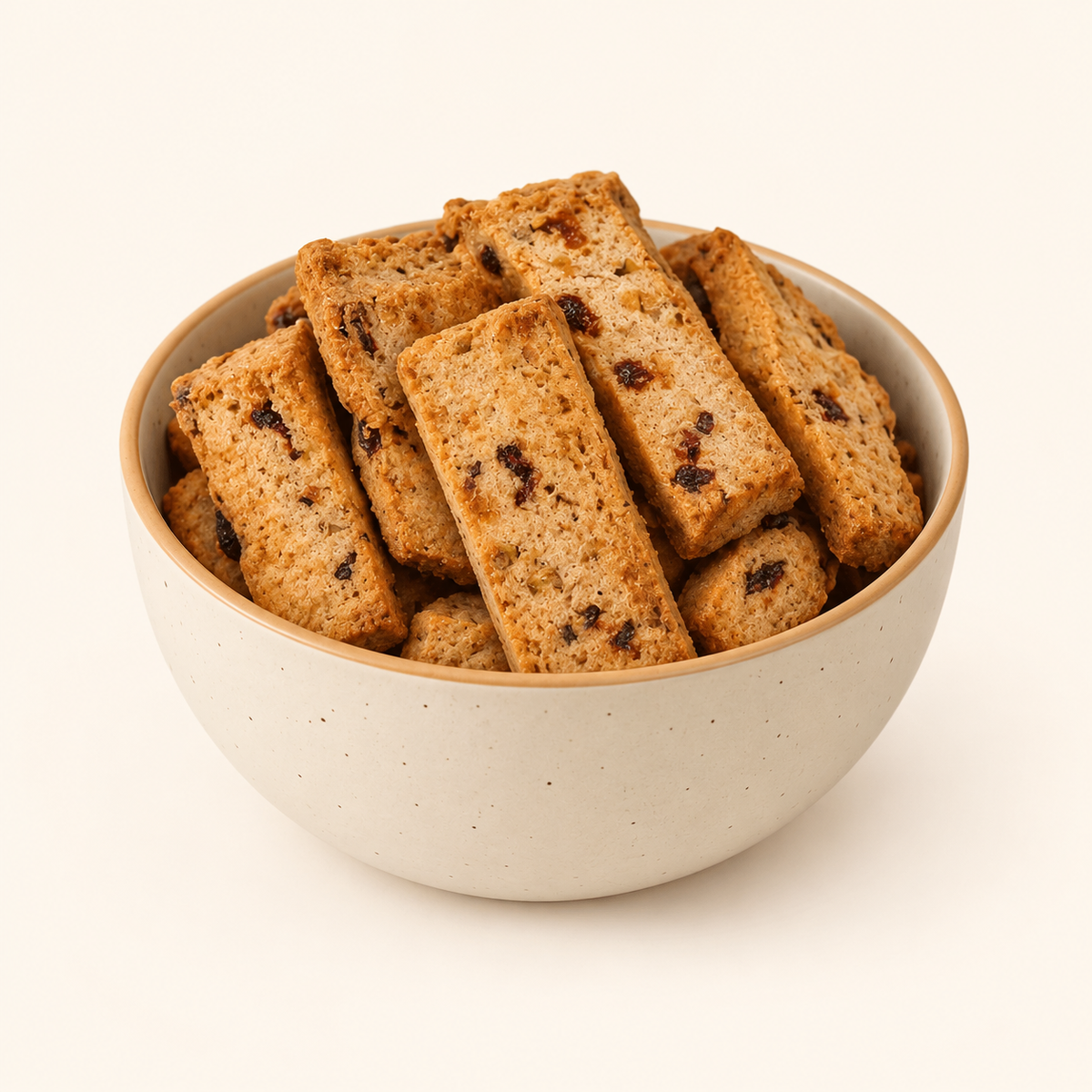 Pistachio Cranberry Biscotti in an ivory bowl on an off-white background