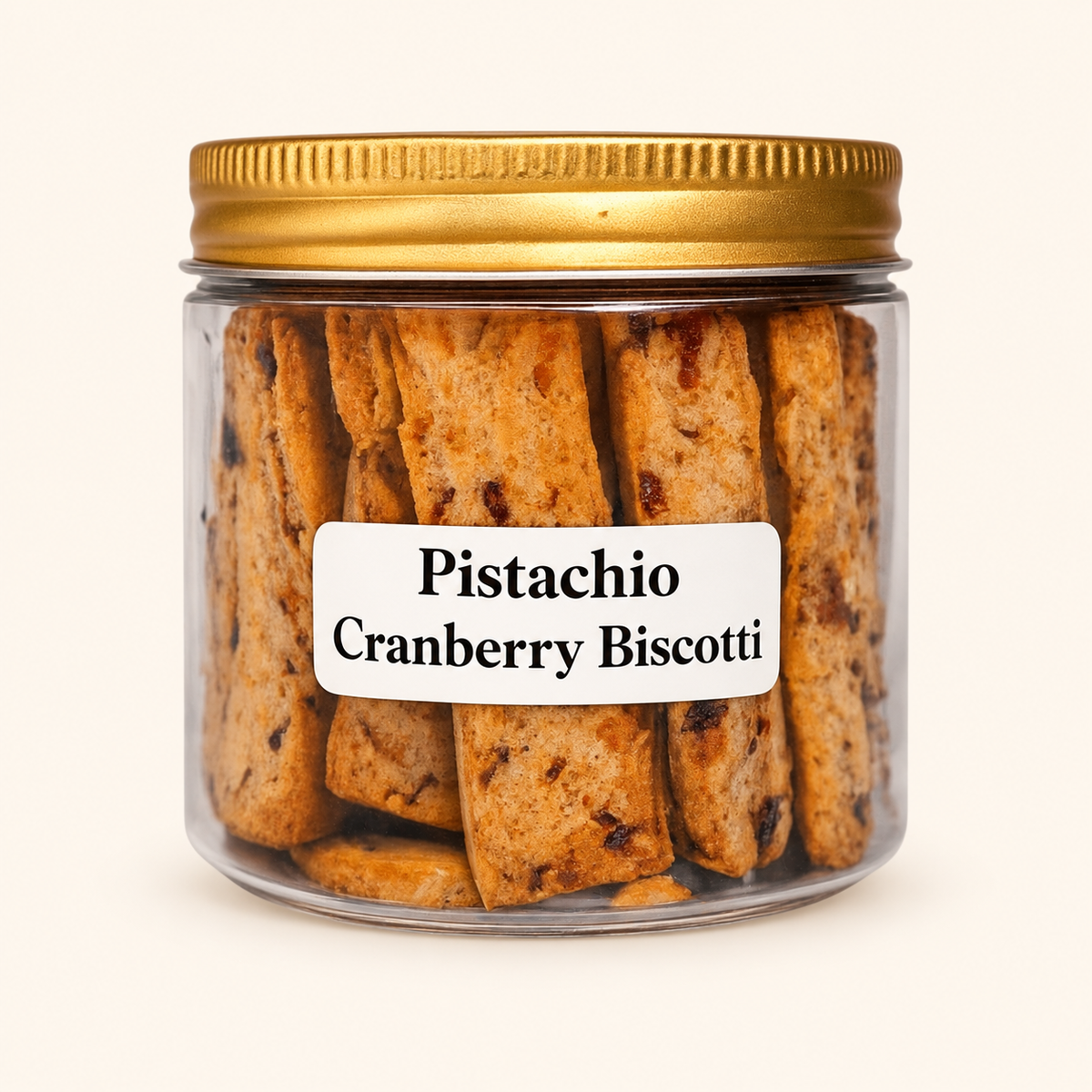 Pistachio Cranberry Biscotti original packaging on an off-white background