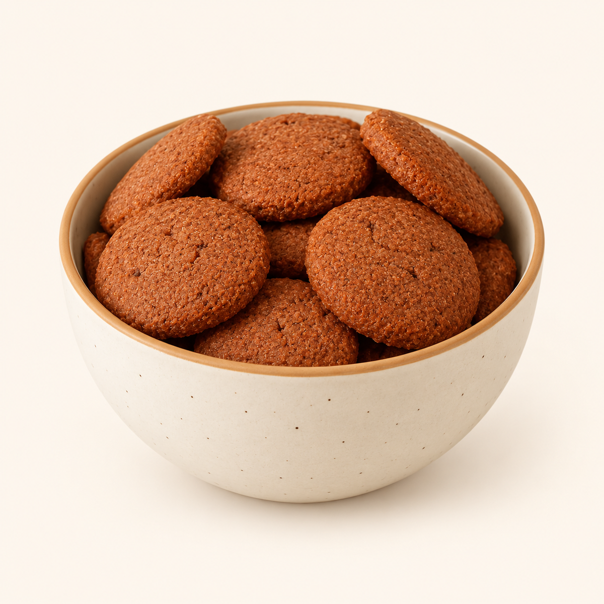 Ragi Cookies in an ivory bowl on an off-white background