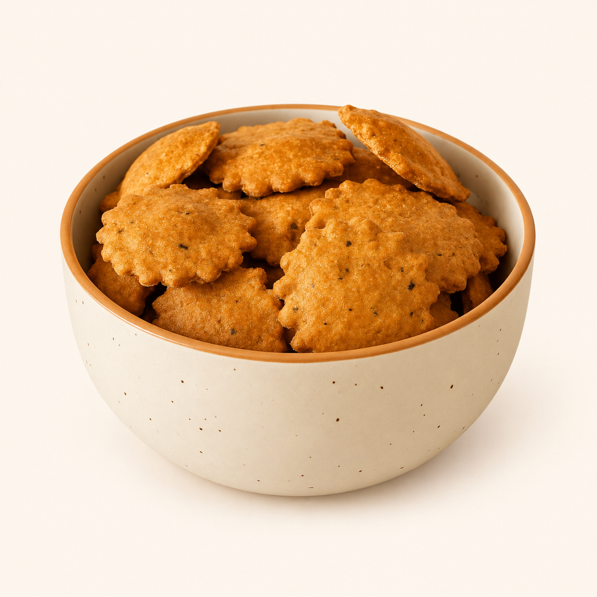 Whole Wheat Mathari in an ivory bowl on an off-white background